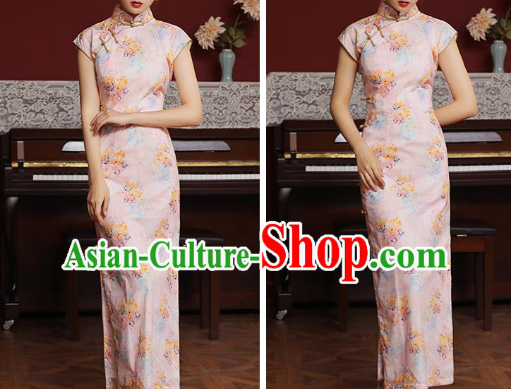 Chinese Traditional Printing Pink Cheongsam Classical Qipao Dress National Shanghai Woman Costume