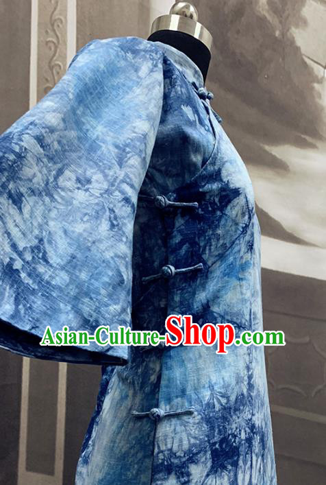 Republic of China Young Lady Cheongsam Costume Traditional Tie Dye Blue Flax Qipao Dress