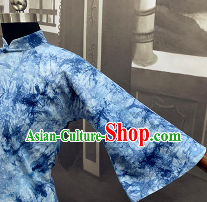 Republic of China Young Lady Cheongsam Costume Traditional Tie Dye Blue Flax Qipao Dress