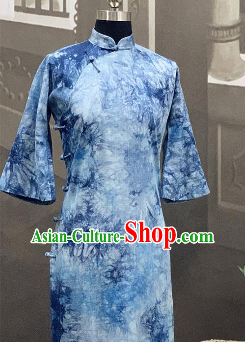 Republic of China Young Lady Cheongsam Costume Traditional Tie Dye Blue Flax Qipao Dress