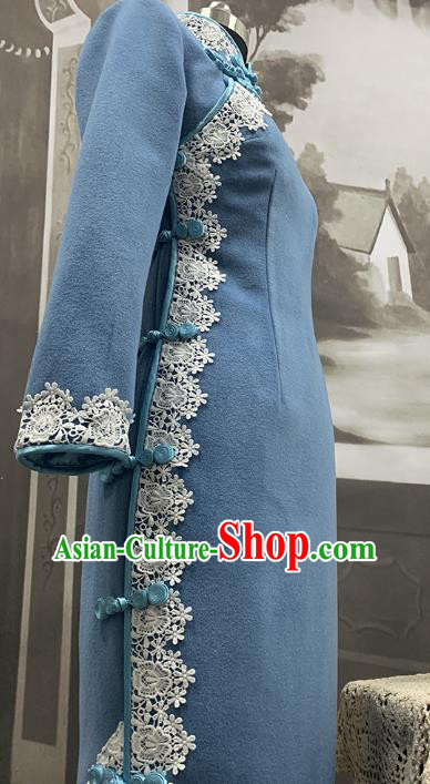 Republic of China Classical Young Lady Winter Cheongsam Costume Traditional Blue Woolen Qipao Dress