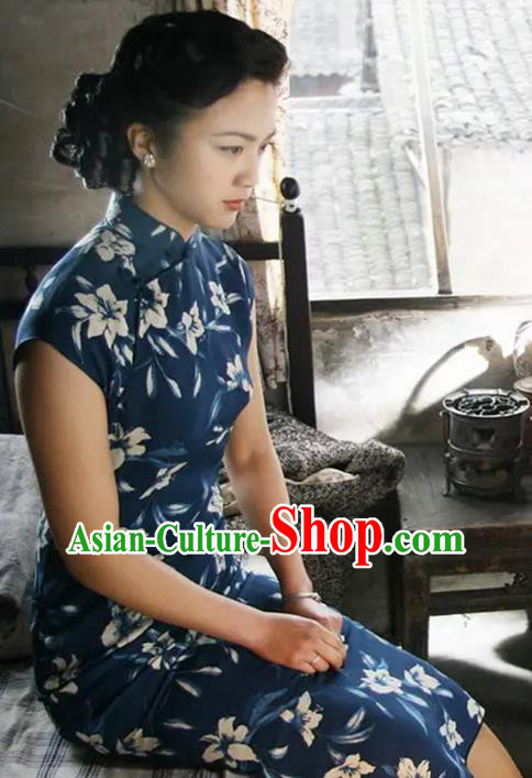 Republic of China Classical Printing Blue Chiffon Cheongsam Costume Traditional Film Lust or Love Tang Wei Qipao Dress