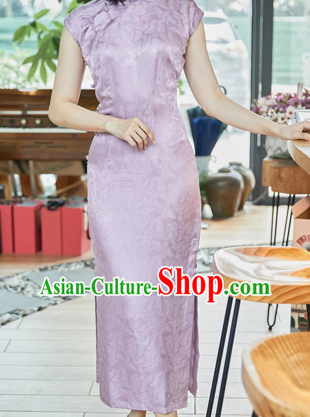 Republic of China Classical Lilac Silk Cheongsam Costume Traditional Jacquard Brocade Qipao Dress