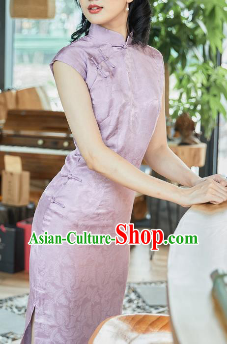 Republic of China Classical Lilac Silk Cheongsam Costume Traditional Jacquard Brocade Qipao Dress