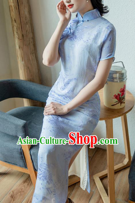 Republic of China Classical Dance Cheongsam Costume Traditional Jacquard Blue Chiffon Qipao Dress