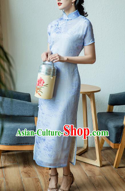Republic of China Classical Dance Cheongsam Costume Traditional Jacquard Blue Chiffon Qipao Dress