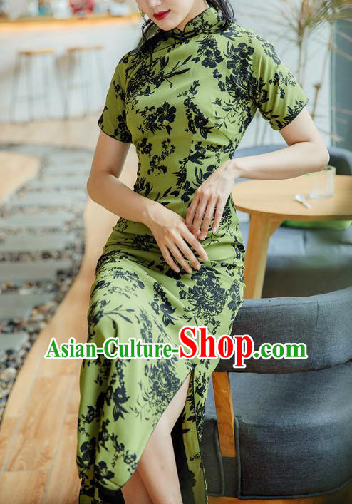 Republic of China Shanghai Beauty Classical Cheongsam Costume Traditional Printing Green Chiffon Qipao Dress
