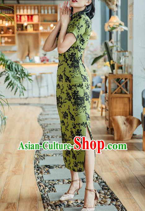 Republic of China Shanghai Beauty Classical Cheongsam Costume Traditional Printing Green Chiffon Qipao Dress