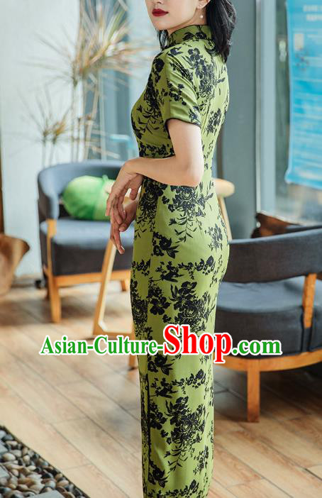 Republic of China Shanghai Beauty Classical Cheongsam Costume Traditional Printing Green Chiffon Qipao Dress