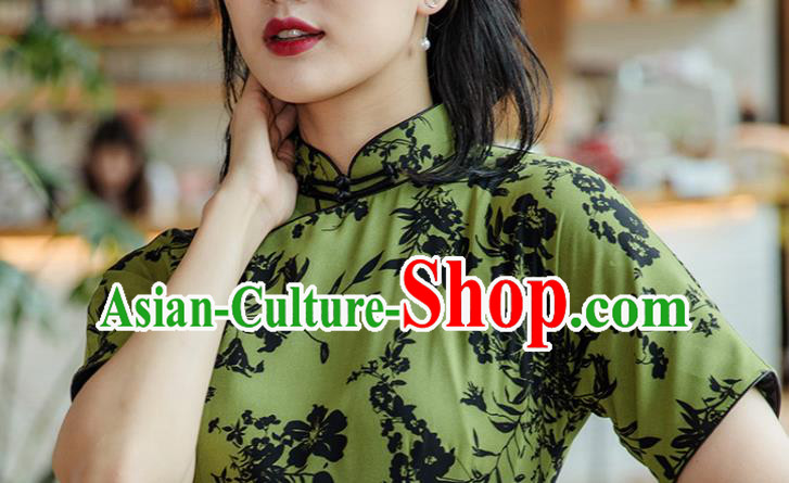 Republic of China Shanghai Beauty Classical Cheongsam Costume Traditional Printing Green Chiffon Qipao Dress