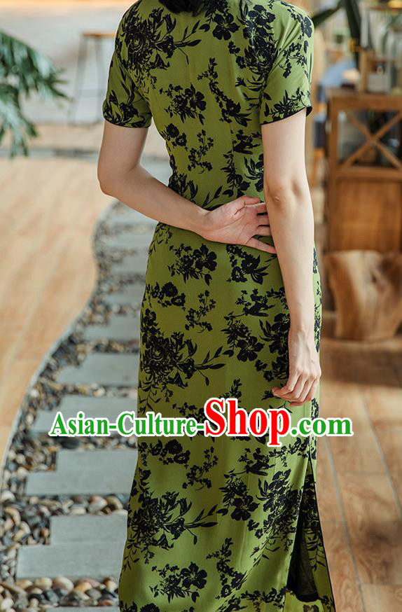 Republic of China Shanghai Beauty Classical Cheongsam Costume Traditional Printing Green Chiffon Qipao Dress
