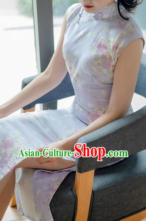 Republic of China Young Woman Cheongsam Costume Traditional Printing Lilac Flax Qipao Dress