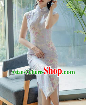 Republic of China Young Woman Cheongsam Costume Traditional Printing Lilac Flax Qipao Dress