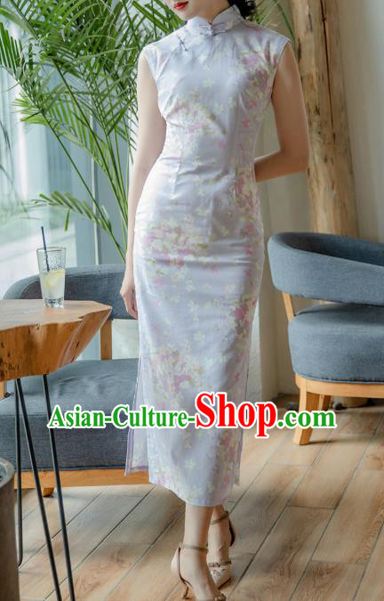 Republic of China Young Woman Cheongsam Costume Traditional Printing Lilac Flax Qipao Dress