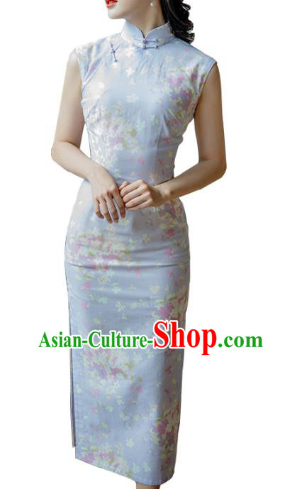 Republic of China Young Woman Cheongsam Costume Traditional Printing Lilac Flax Qipao Dress