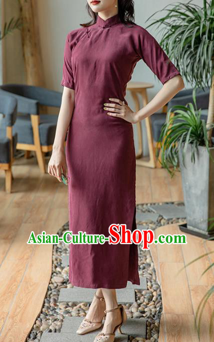 Republic of China Stand Collar Cheongsam Costume Traditional Wine Red Qipao Dress
