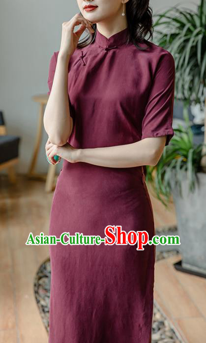 Republic of China Stand Collar Cheongsam Costume Traditional Wine Red Qipao Dress