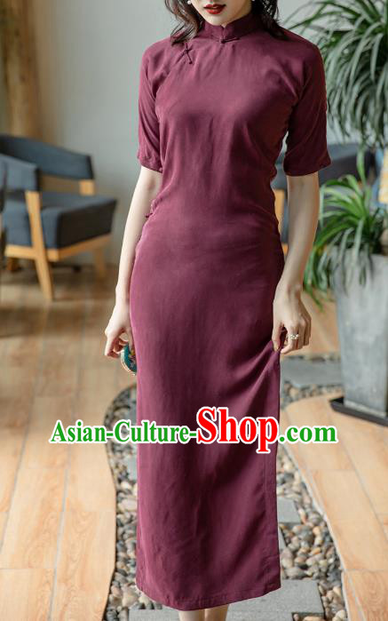 Republic of China Stand Collar Cheongsam Costume Traditional Wine Red Qipao Dress