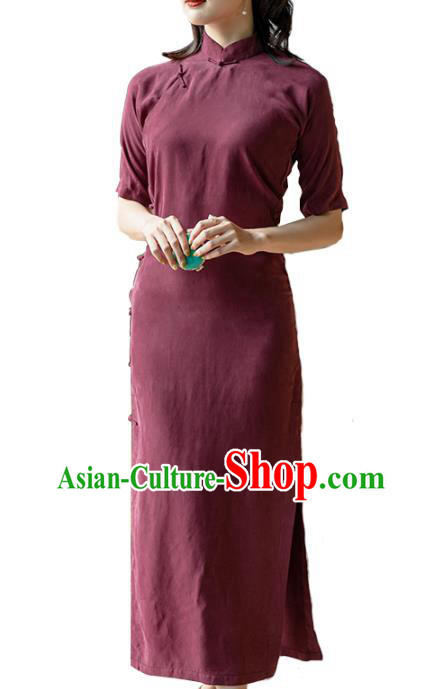 Republic of China Stand Collar Cheongsam Costume Traditional Wine Red Qipao Dress