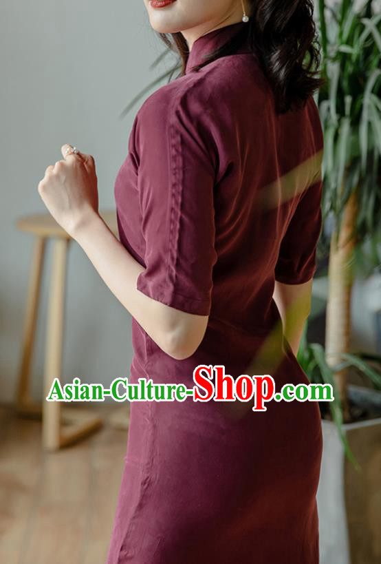 Republic of China Stand Collar Cheongsam Costume Traditional Wine Red Qipao Dress