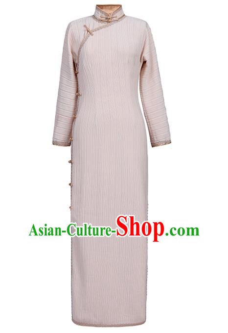 Chinese Traditional Young Lady Cheongsam National Old Shanghai Costume Classical Beige Qipao Dress