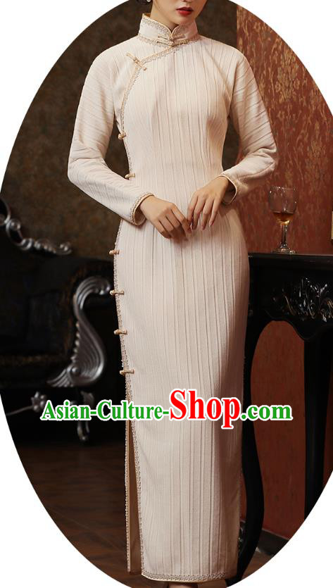 Chinese Traditional Young Lady Cheongsam National Old Shanghai Costume Classical Beige Qipao Dress