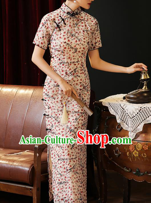 Chinese Classical Young Lady Qipao Dress National Costume Traditional Printing Chiffon Cheongsam