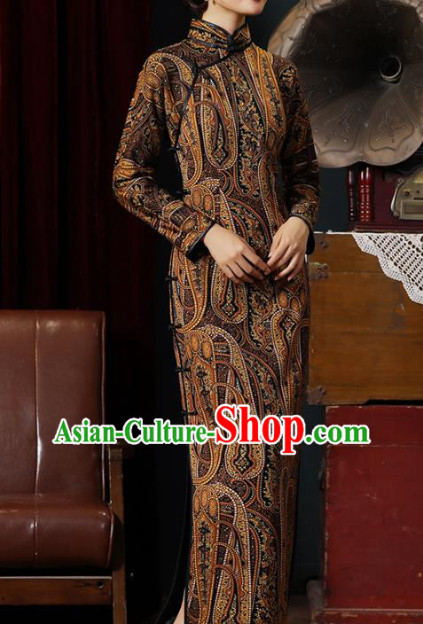 Chinese Classical Printing Brown Qipao Dress Traditional Shanghai Cheongsam National Young Lady Costume