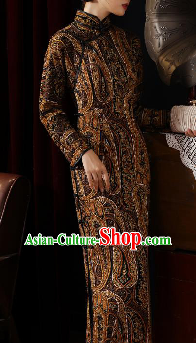 Chinese Classical Printing Brown Qipao Dress Traditional Shanghai Cheongsam National Young Lady Costume