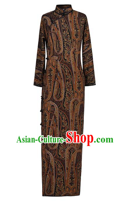 Chinese Classical Printing Brown Qipao Dress Traditional Shanghai Cheongsam National Young Lady Costume