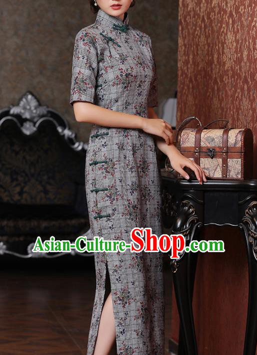 Chinese National Young Lady Costume Classical Printing Grey Qipao Dress Traditional Old Shanghai Cheongsam