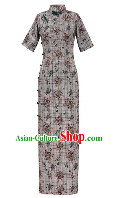 Chinese National Young Lady Costume Classical Printing Grey Qipao Dress Traditional Old Shanghai Cheongsam