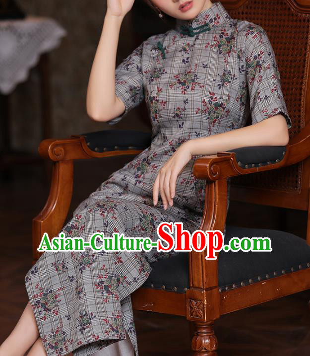 Chinese National Young Lady Costume Classical Printing Grey Qipao Dress Traditional Old Shanghai Cheongsam