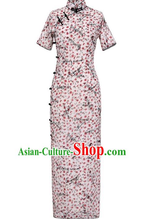 Chinese Classical Young Lady Qipao Dress National Costume Traditional Printing Chiffon Cheongsam