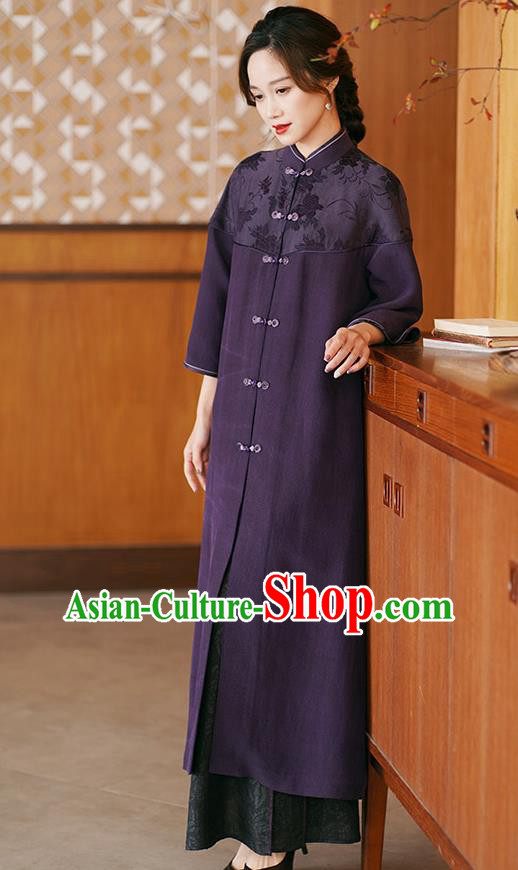 China Traditional Tang Suit Purple Silk Dust Coat National Gambiered Guangdong Gauze Outer Garment