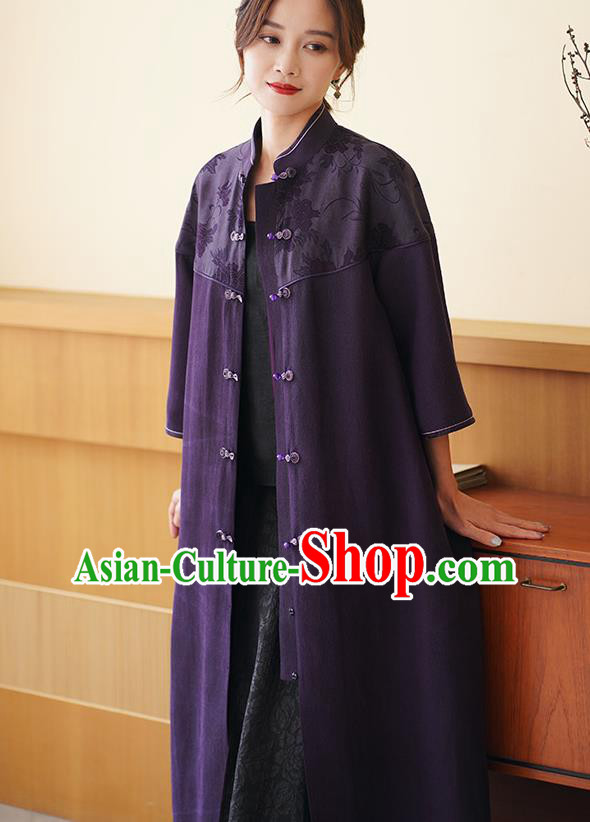 China Traditional Tang Suit Purple Silk Dust Coat National Gambiered Guangdong Gauze Outer Garment