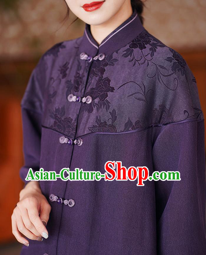 China Traditional Tang Suit Purple Silk Dust Coat National Gambiered Guangdong Gauze Outer Garment