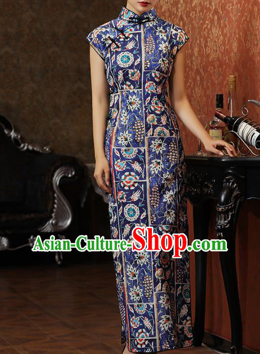 Chinese Classical Printing Qipao Dress National Tang Suit Costume Traditional Deep Blue Cheongsam
