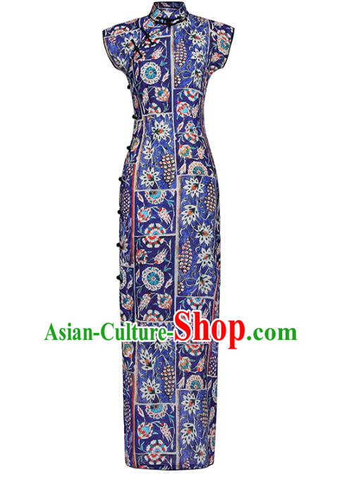 Chinese Classical Printing Qipao Dress National Tang Suit Costume Traditional Deep Blue Cheongsam