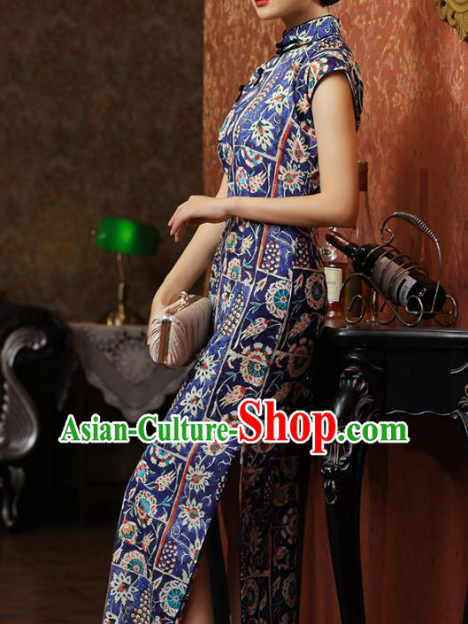 Chinese Classical Printing Qipao Dress National Tang Suit Costume Traditional Deep Blue Cheongsam