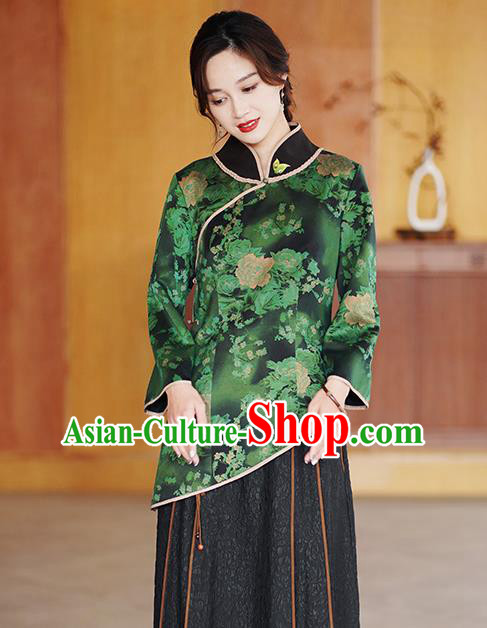 China National Gambiered Guangdong Gauze Shirt Traditional Tang Suit Green Silk Blouse