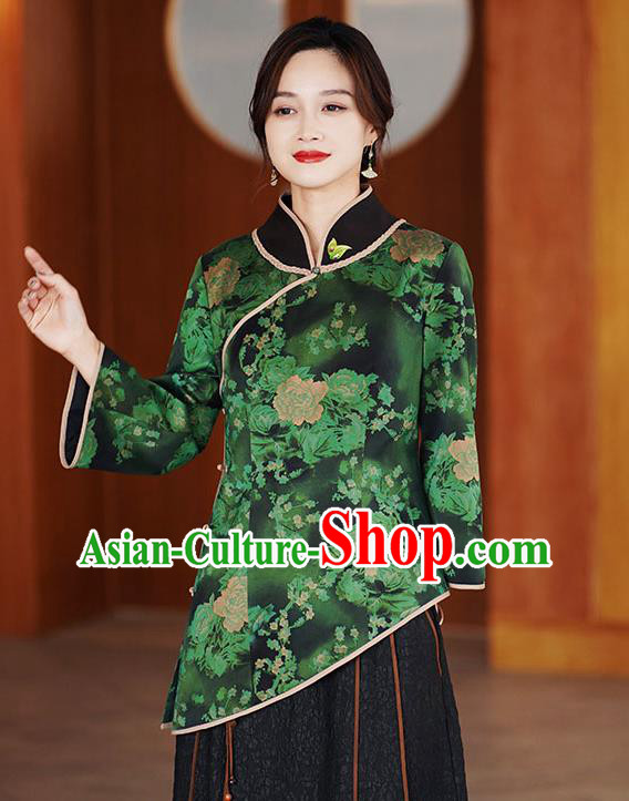 China National Gambiered Guangdong Gauze Shirt Traditional Tang Suit Green Silk Blouse