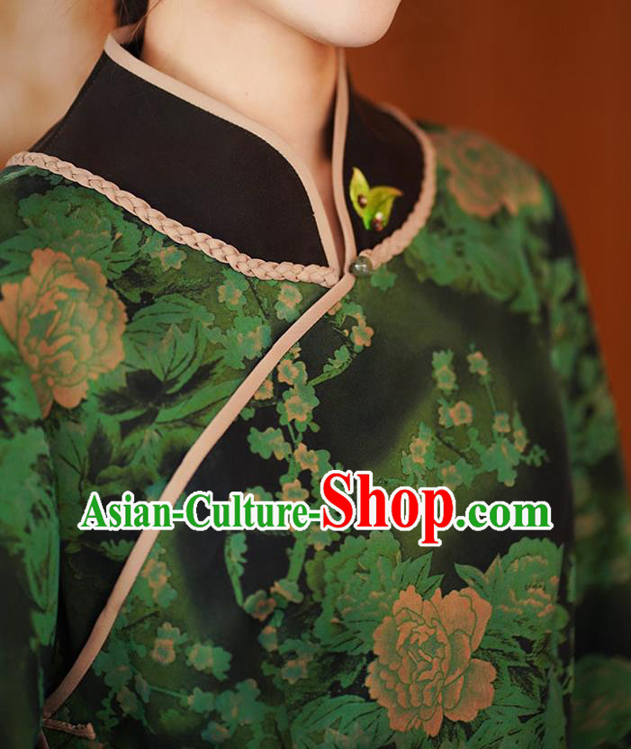 China National Gambiered Guangdong Gauze Shirt Traditional Tang Suit Green Silk Blouse