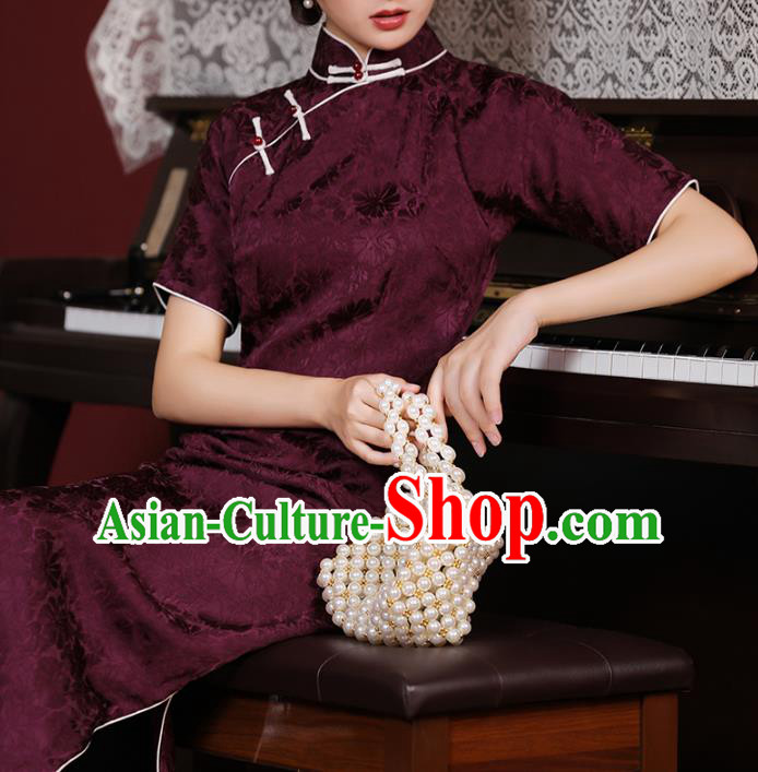 Chinese Traditional Purple Cheongsam National Shanghai Mistress Costume Classical Jacquard Silk Qipao Dress