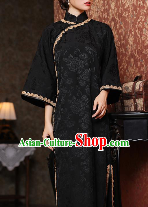 Chinese Classical Mandarin Sleeve Qipao Dress National Shanghai Woman Costume Traditional Black Flax Cheongsam
