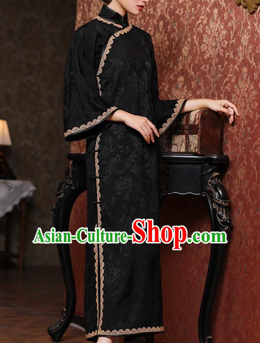 Chinese Classical Mandarin Sleeve Qipao Dress National Shanghai Woman Costume Traditional Black Flax Cheongsam