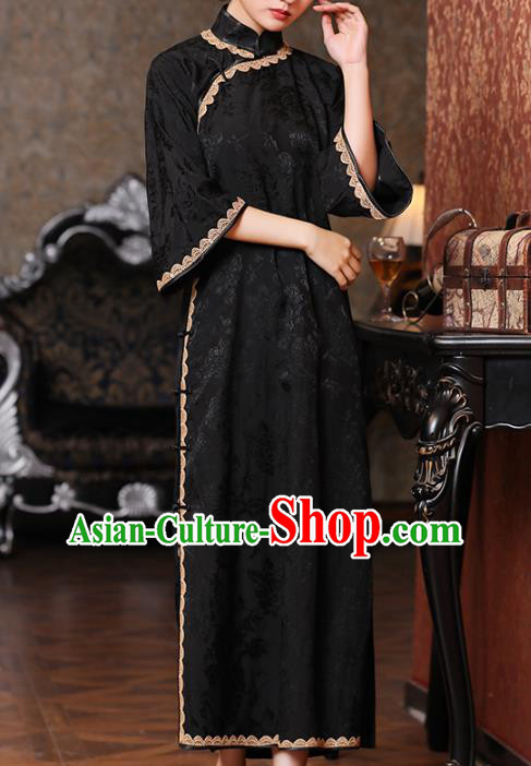 Chinese Classical Mandarin Sleeve Qipao Dress National Shanghai Woman Costume Traditional Black Flax Cheongsam