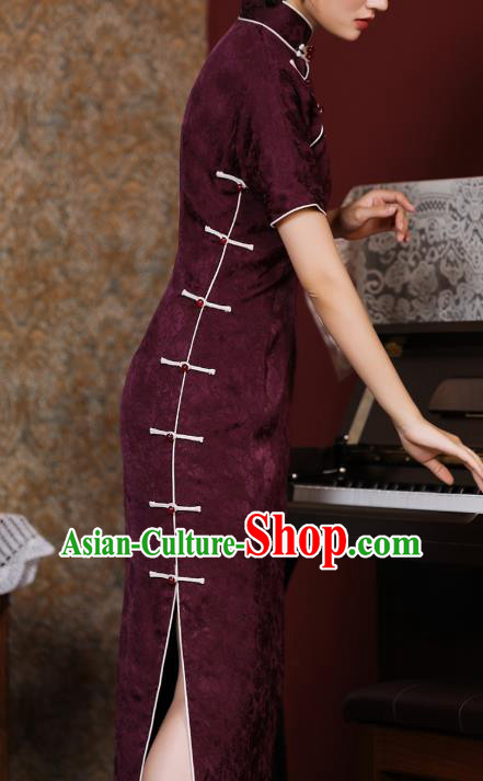Chinese Traditional Purple Cheongsam National Shanghai Mistress Costume Classical Jacquard Silk Qipao Dress