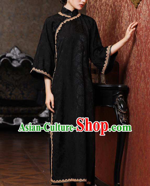 Chinese Classical Mandarin Sleeve Qipao Dress National Shanghai Woman Costume Traditional Black Flax Cheongsam