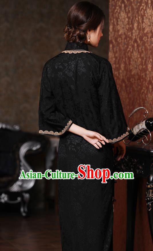 Chinese Classical Mandarin Sleeve Qipao Dress National Shanghai Woman Costume Traditional Black Flax Cheongsam